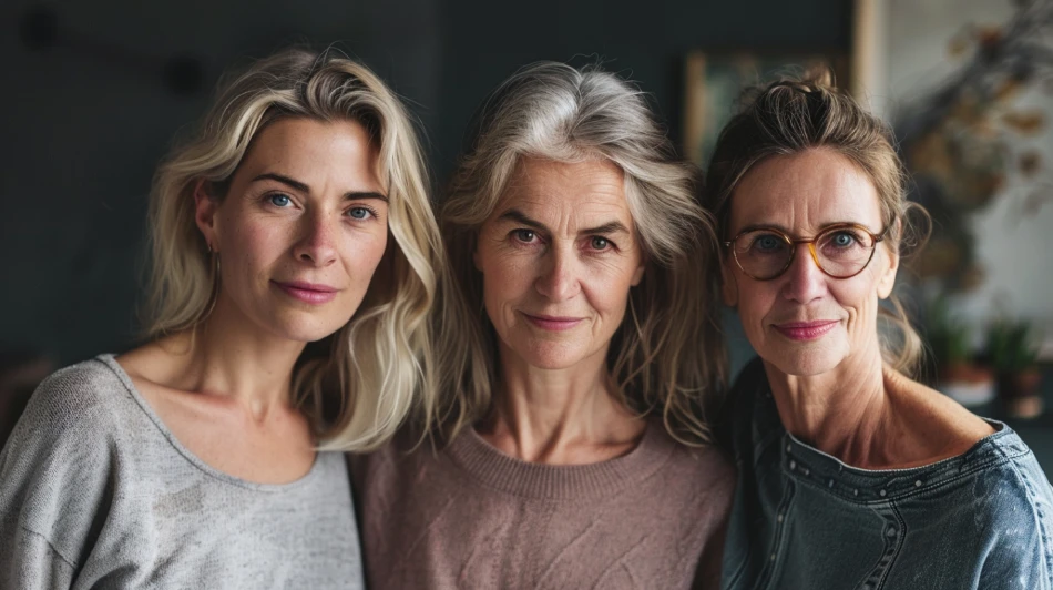 Closeup triptych of three generations of women from senior to young adult each with a distinctive expression and character